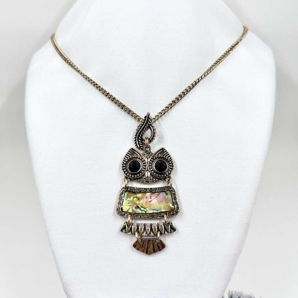 Abalone Inlayed Jointed Owl Pendant Antiqued Gold Tone 30” Chain Necklace - Picture 2 of 7